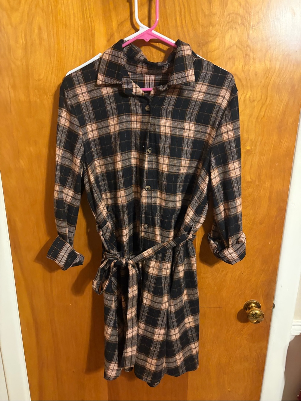 Black and Beige Plaid Button-Front Shirt Dress with pockets